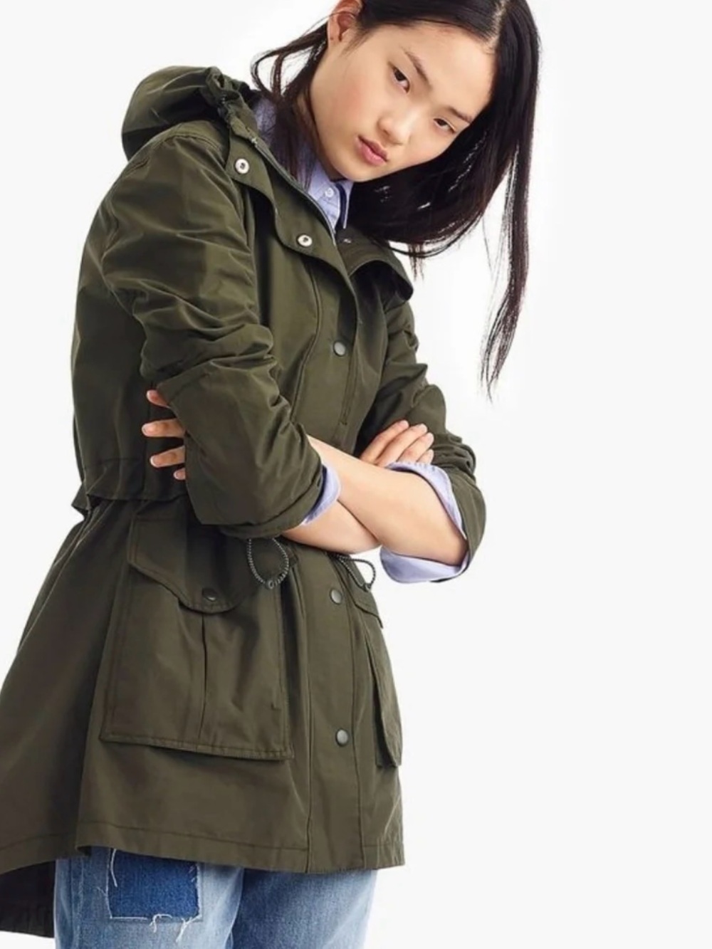 J. Crew Olive Utility Rain Hooded Jacket - Women